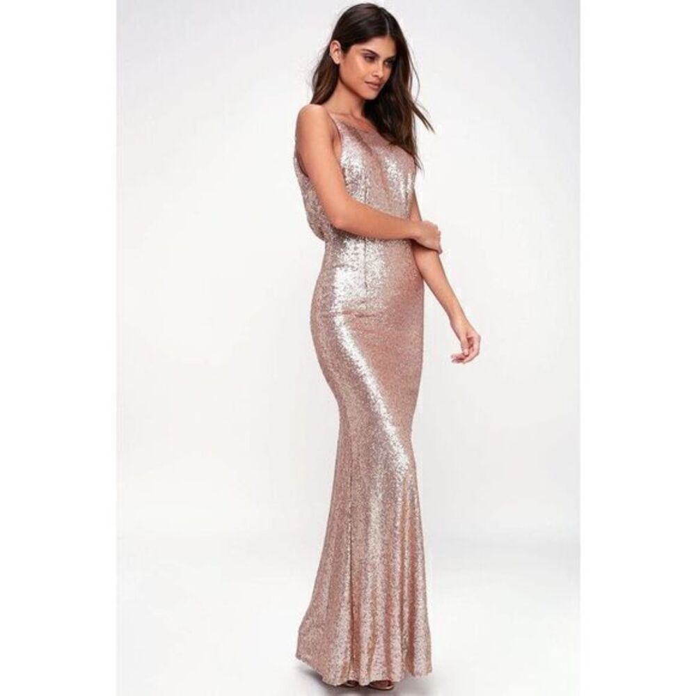 LULU'S Chic Celebration Champagne Sequin Maxi Dress MEDIUM